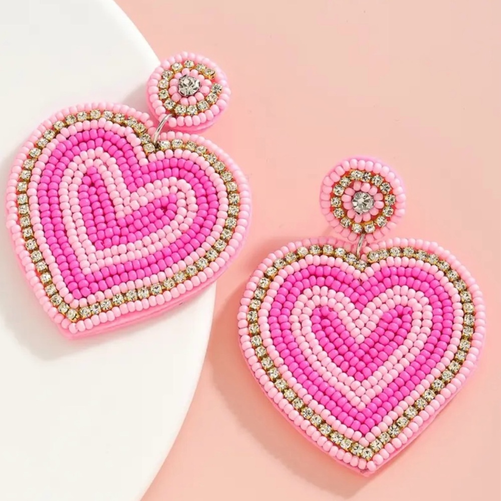Valentines Ombré Pink Heart Rhinestone Seed Bead Dangle Earrings